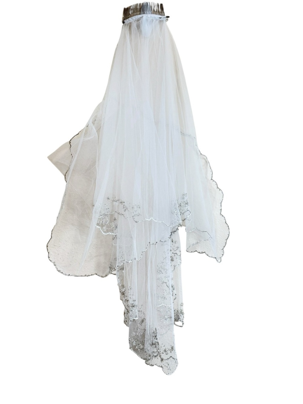 WEDDING VEIL scallop edge shoulder length with embroidery & hand-beading